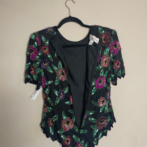 NWT VTG Laurence Kazar Multi-Color SILK sequins beaded blouse top size small - Picture 6 of 6